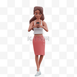 女性走路玩手机的3D形象