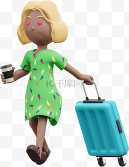3D棕色女性拖着行李箱的漂亮出行