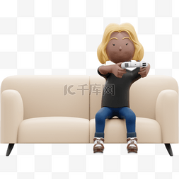 狂热玩家图片_3D游戏中美女玩家坐沙发操作手柄