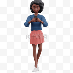 3D黑人女性帅气步行玩手机
