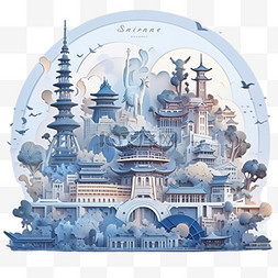 中国建筑插画蓝色元素立体免扣矢