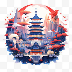中国建筑红蓝插画AI元素立体免扣
