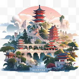中国建筑插画图片_中国建筑古代插画AI元素立体免扣