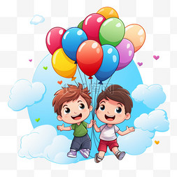 气球上儿童节图片_有男孩和女孩在气球和彩虹上的儿
