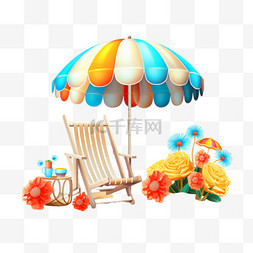 夏威夷风情卡通图片_夏天沙滩花沙滩伞沙滩椅沙滩球