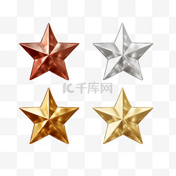 3种样式的青铜、银色和金色星星