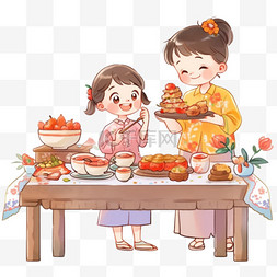 一家人吃饭图片_三口人手绘元素聚餐中秋节团圆