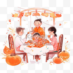 一家人手绘元素聚餐团圆中秋节