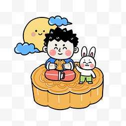 卡通月饼玉兔图片_手绘粗描边中秋节八月十五吃月饼