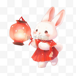 手绘兔子跳跃图片_卡通手绘中秋节免抠兔子灯笼元素
