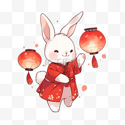 手绘兔子跳跃图片_卡通手绘中秋节兔子灯笼元素