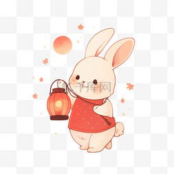 手绘兔子跳跃图片_手绘中秋节免抠兔子灯笼元素卡通