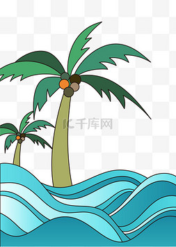 夏天海边度假描边椰子树海浪