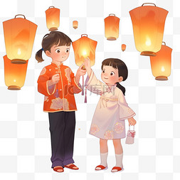 中元节手绘可爱的孩子放孔明灯元