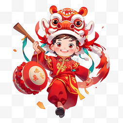 孩子敲鼓新年手绘戴着狮子帽的卡