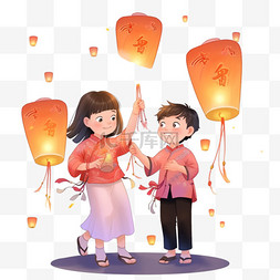 中元节可爱的孩子放孔明灯手绘卡