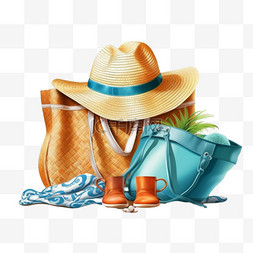 太阳帽沙滩图片_夏日度假背景，沙滩礼帽和沙滩人