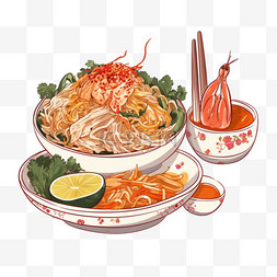 菜品图手绘图片_炖肉、烤鸡和糯米饭泰式食物辣木