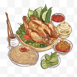 手绘炒饭图片_炖肉、烤鸡和糯米饭泰式食物辣木