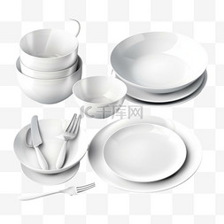 餐具碗图片_3D逼真瓷质餐具，白色玻璃餐具，