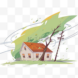 卡通房子卡通手绘图片_手绘免抠台风暴风元素卷倒房屋