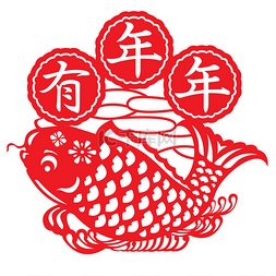 中国剪纸风格新年幸运鱼设计插图