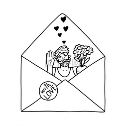 Open envelope, in it man with flowers and hea