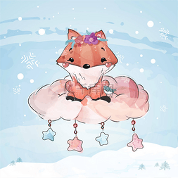 可爱的狐狸圣诞节在水彩涂鸦风格