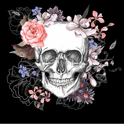 花朵骷髅图片_死者骷髅与花朵日