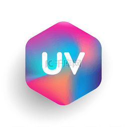 六边形和彩色背景的字母UV标识，