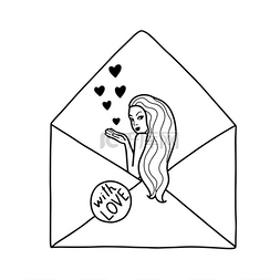 Open envelope with girl and hearts. Black sil