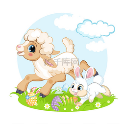 可爱的卡通人物小羊和兔子在花草