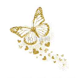 金光闪闪的蝴蝶与心。 白色背景
