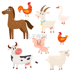 农场动物-牛、 羊、 马、 猪、 山
