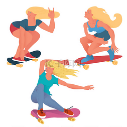 滑板矢量插画图片_女孩滑板设置。很酷的小鸡骑滑板