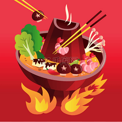 大红色喜庆背景图片_红色背景下喜庆的火锅晚餐的卡通