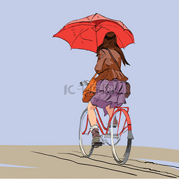 骑自行的女孩图片_自行车与伞秋天的雨的女孩