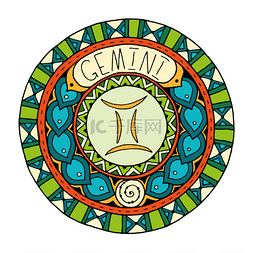 media图片_Mandala with gemini zodiac sign. Hand drawn t