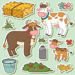 cow图片_颜色设置的可爱的农场动物和物体