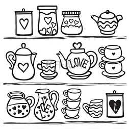 黑白壶图片_tea cups, jugs, drink set