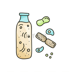牛奶发酵图片_带细菌的涂鸦瓶。白底发酵牛奶饮