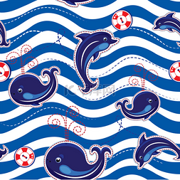 鲸鱼和图片_无缝海模式与海豚、 鲸鱼和条纹