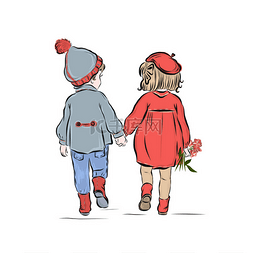  两个孩子在散步。男孩和女孩牵
