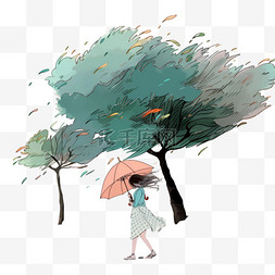 狂风中打伞的女孩手绘元素台风