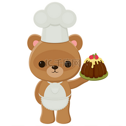 厨师泰迪熊抱着一个蛋糕