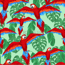 平铺花卉图片_热带鸟无缝模式与鹦鹉和棕榈叶