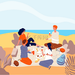 野餐的海滨。 家人在夏天的海滩