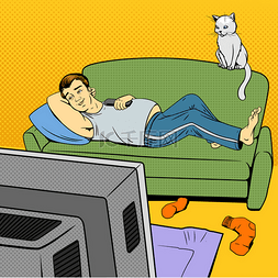 袜子背景图图片_人躺在沙发上看电视漫画风格