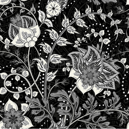 手绘的佩斯利。鲜花和佩斯利黑白