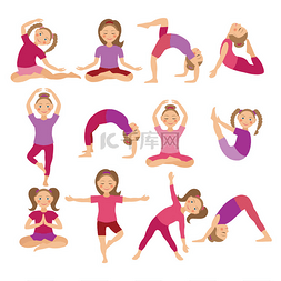 做体操的女孩图片_孩子们瑜伽姿势矢量图。孩子做练